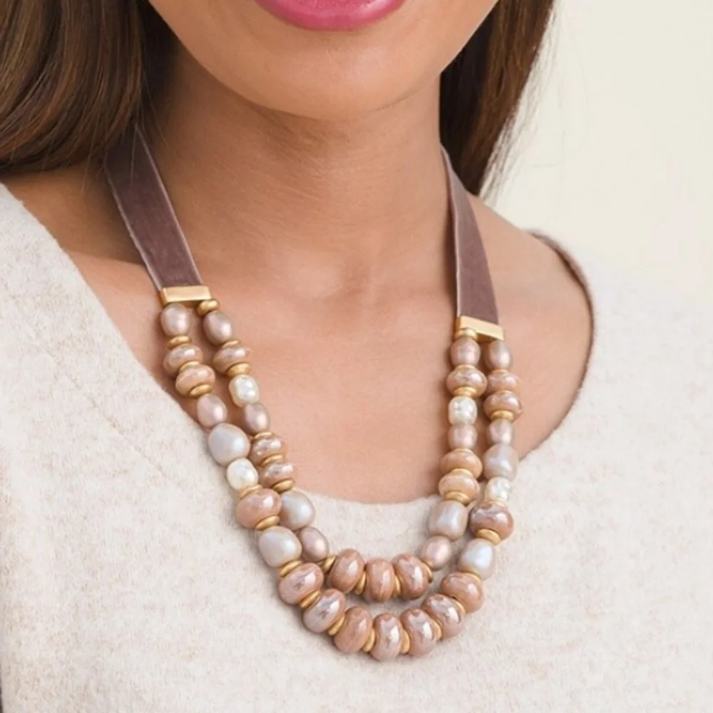 Chico's Taupe Cappuccino Two-Strand Faux Pearl Necklace and Stretch Bracelet Set - Picture 9 of 15